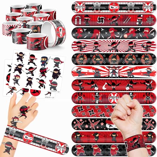 48PCS Ninja Party Favors for Kids – 24 Temporary Tattoos & 24 Slap Bracelets – Ninja Birthday Decorations, Classroom Prizes, Goodie Bag Gifts for Boys & Girls