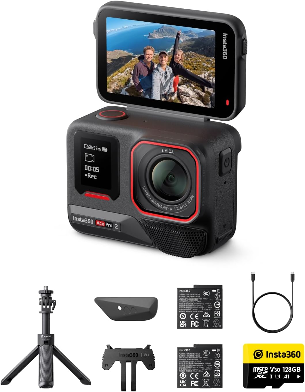 Insta360 Ace Pro 2 Get-Set Bundle - 8K Waterproof Action Camera Co-Engineered with Leica, 1/1.3" Sensor, Dual AI Chip, Leading Low Light, Superior Audio, Flip Screen & AI Editing for Vlogs