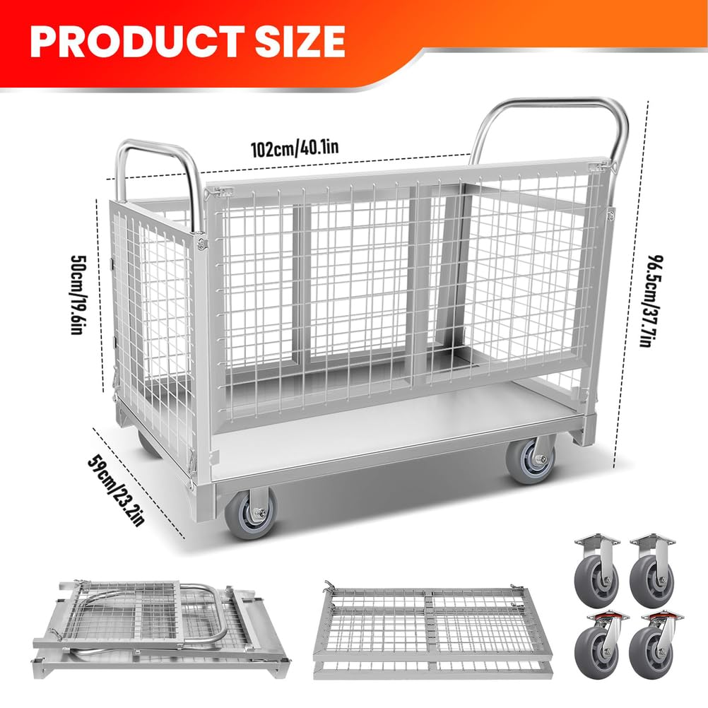 Carro de Plataforma con Jaula,Carro de Plataforma Resistente con Ruedas de Goma, Carga de 300 Kg,Carro de Plataforma con Valla,Carretillas Manuales para Almacén,Comestibles