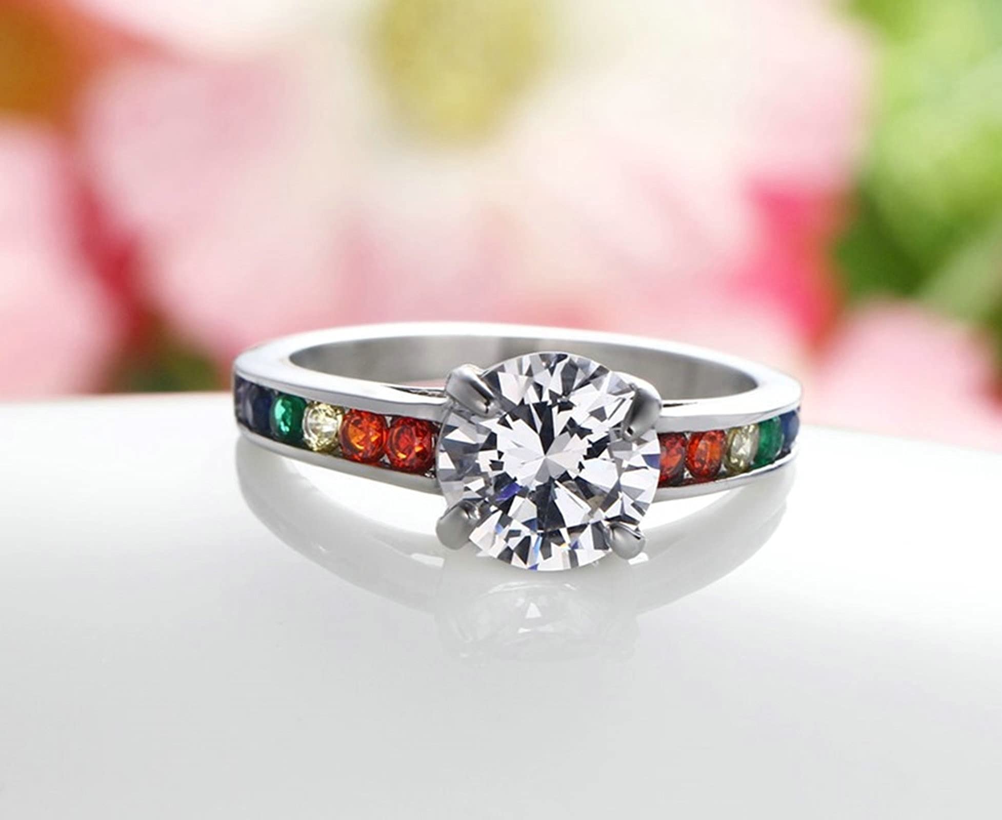 AmDxD Anillo de compromiso plateado, de acero inoxidable, anillo de compromiso para parejas, color de fantasía, circonia redonda y colorida, muy pulido, W51.5 & M54, Acero inoxidable, circonita