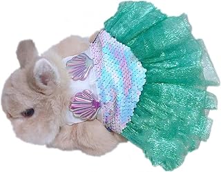 Rabbit Mermaid Costume with Reversible Sequin Purple Shell Bunny Apparel Skirt Tutu Dress Walking Harness Halloween Costumes for Rabbit Chinchilla Bunny guinea pig Kitten Puppy (M (9.0'-15.8' Bust))
