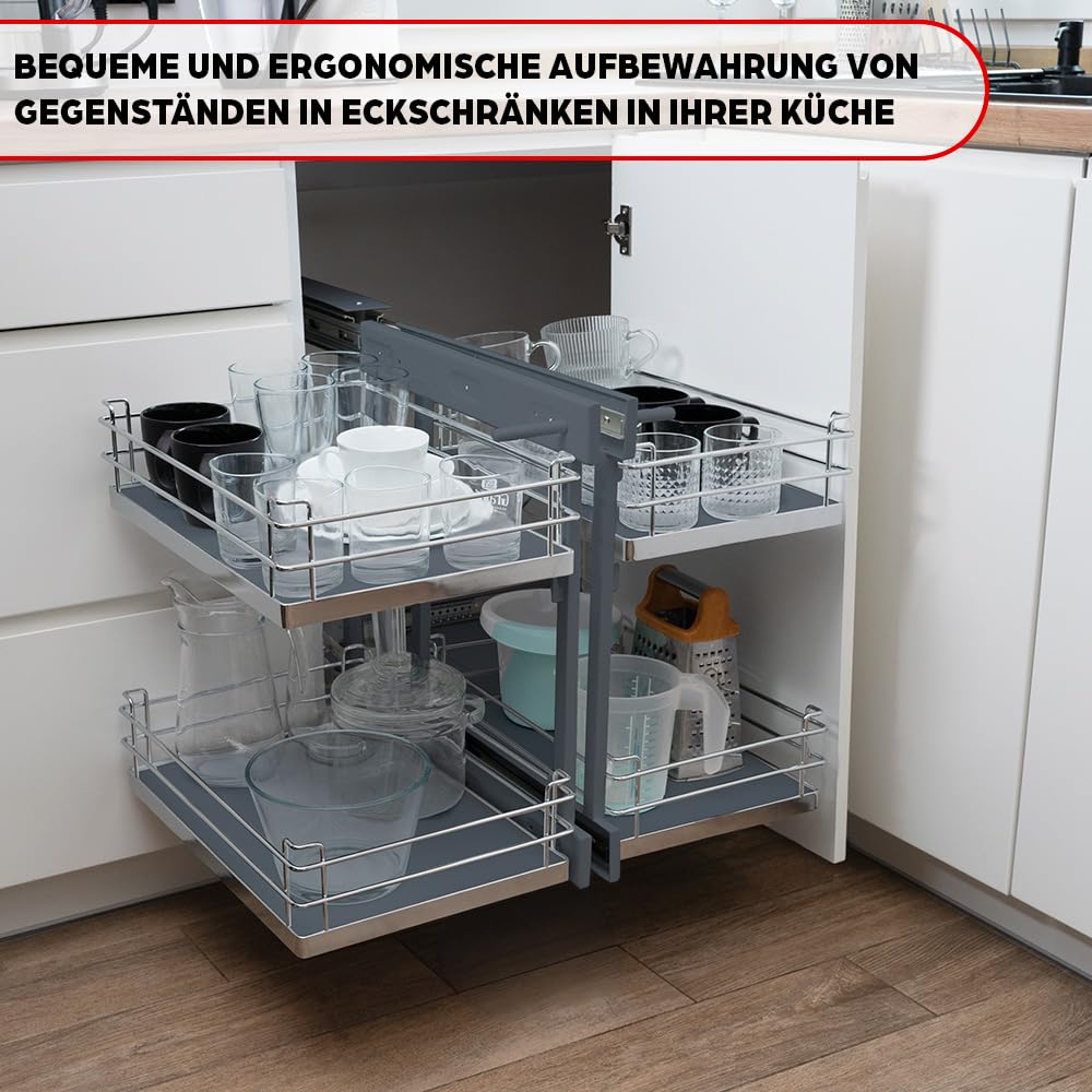 TMY Magic Corner Eckschrank Organizer Beidseitig Montierbar bis 50 kg | Ausziehbare Schublade Küche Stahl, Auszug Küchenschrank Soft-Close-Funktion, Teleskopschublade Ausziehbar für Küchen Schrank
