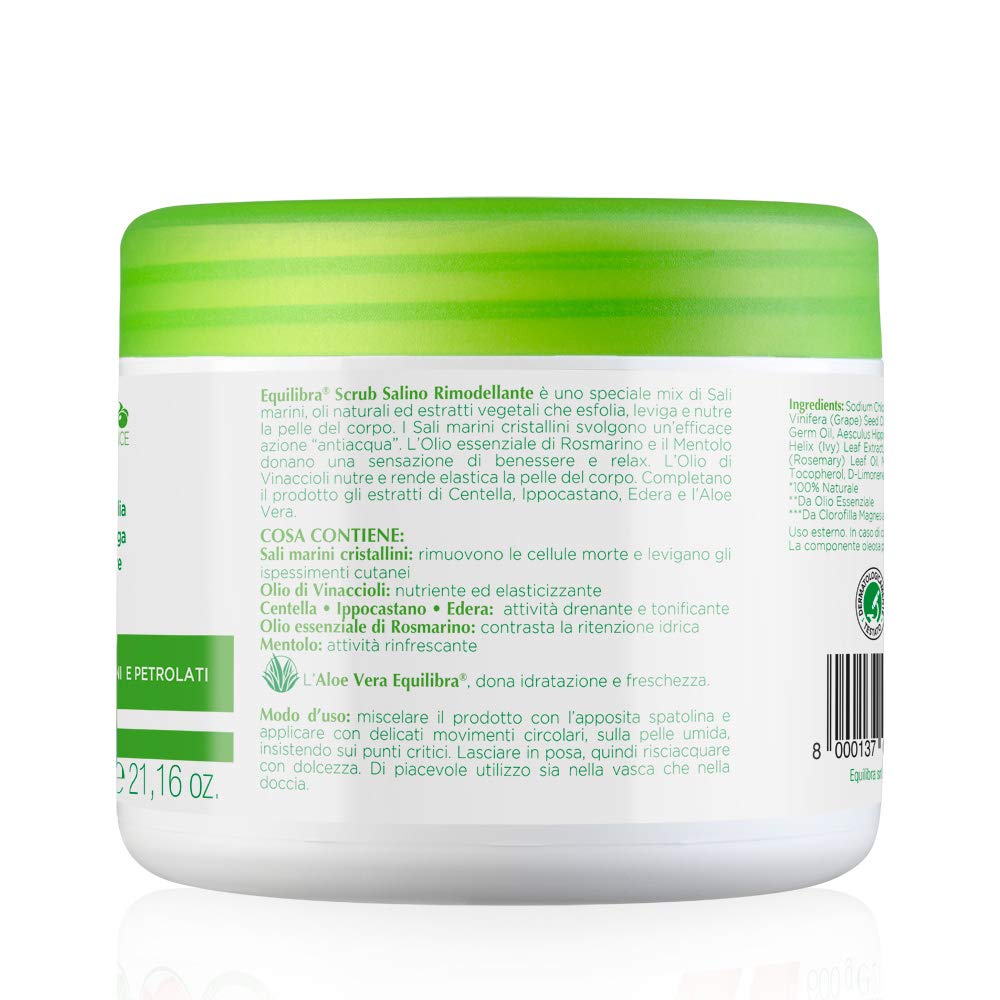 Equilibra Cuidado Corporal, Exfoliante Corporal a Base de Aloe Vera, Suaviza y Nutre la Piel, Mezcla de Sales Marinas con Efecto Antiretención de Agua, Aceites Naturales y Extractos Vegetales, 600 g