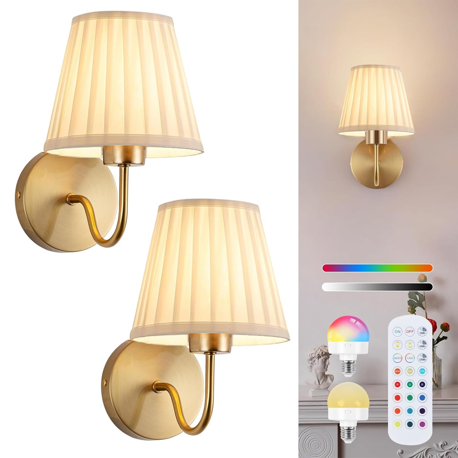 Photo 1 of Vintage Battery Operated Wall Sconces Set of 2, Pleated Fabric Shade Gold Wall Lamp with Remote Control, Cordless Rechargeable Wall Sconces Fixtures for Bedroom, Living Room, Beside (2 Bulbs Included)