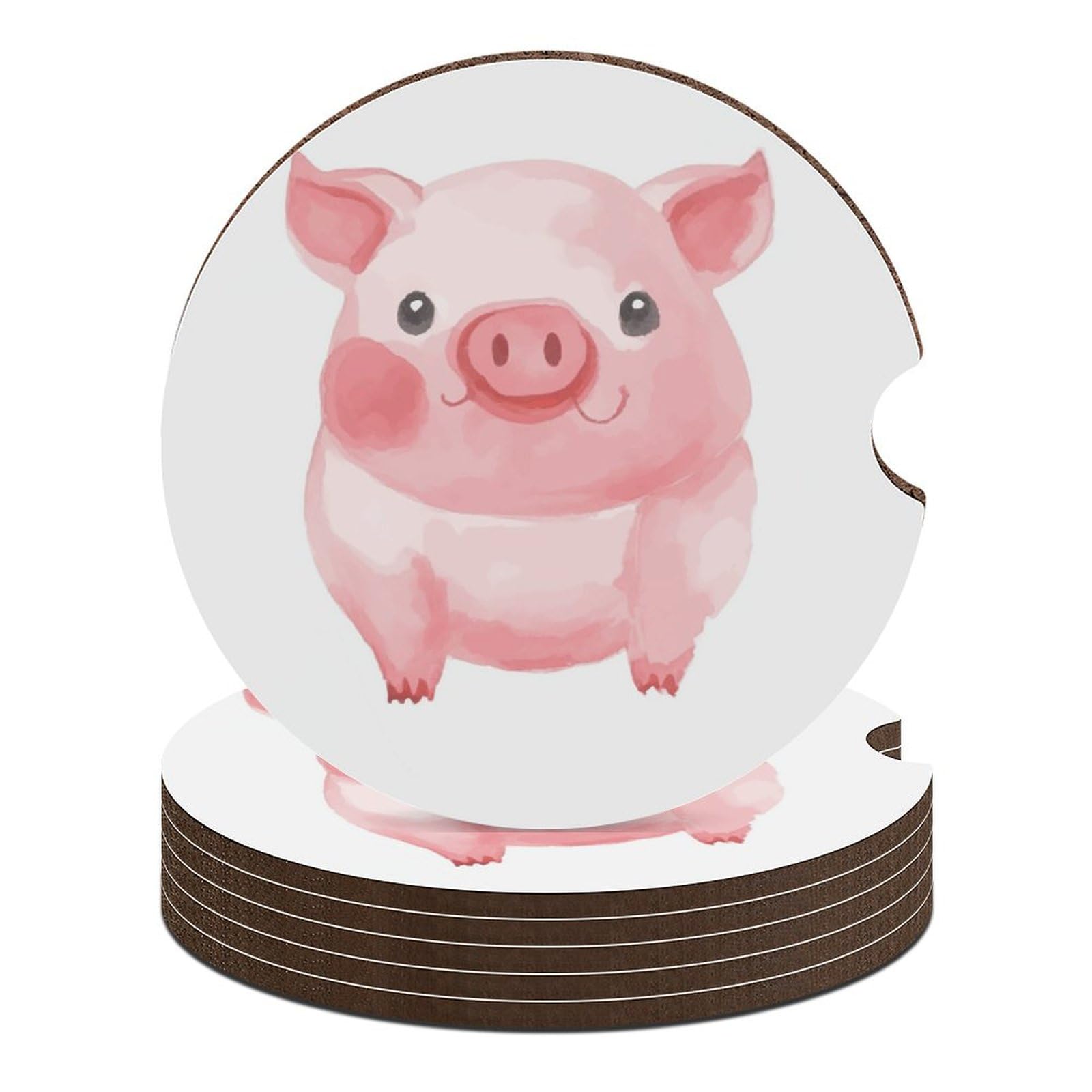 Dessous de verre voiture Lovely Pig lot de 6 antidérapants 6,6 cm