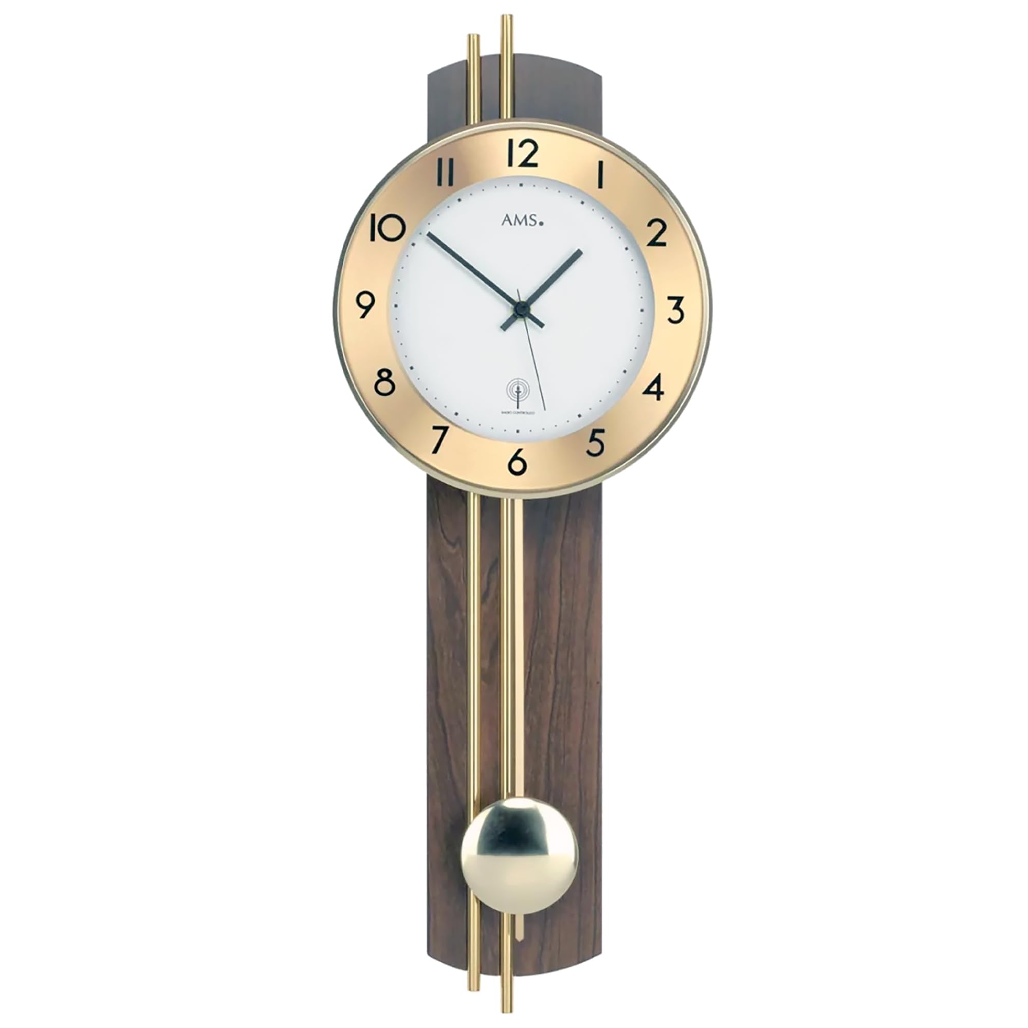 AMS 5266/1 Wanduhr - mit Funkpendelwerk, Elegante Funkpendeluhr, Uhr mit Pendel, Funkwanduhr mit arabischen Ziffern, Mineralglas, Pendeluhr für Wohnzimmer & Büro, Nussbaumoptik, Maße: 22 x 62 x 8 cm