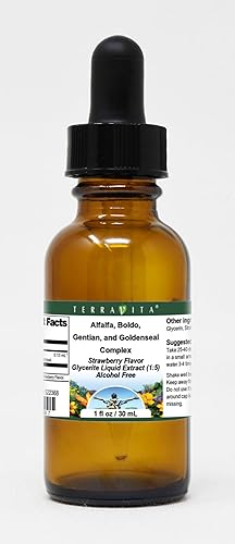 Extracto líquido de glicerita complejo de alfalfa, boldo, genciana y sello dorado (15), sabor a fresa (1 oz, ZIN 522368) - Paquete de 3