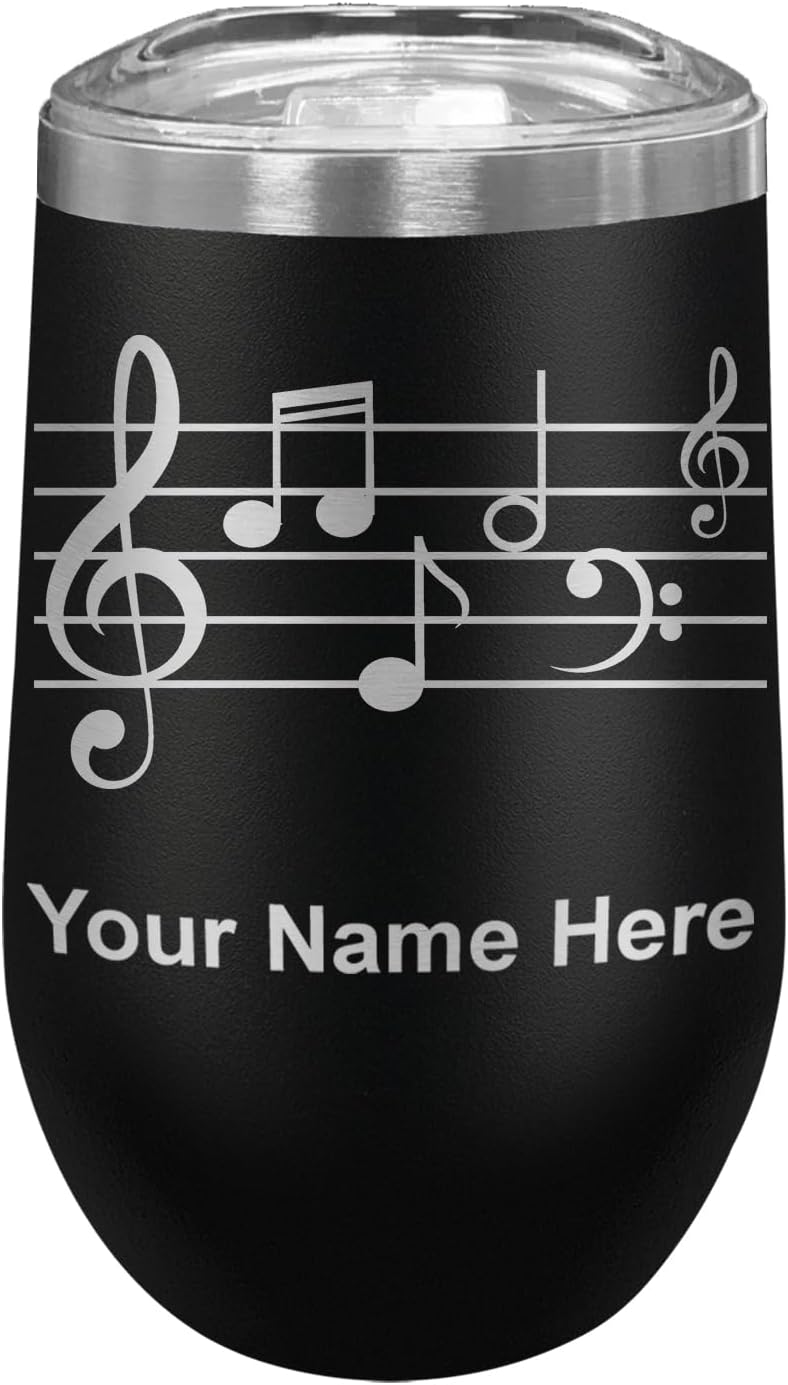 LaserGram 16oz Double Wall Stainless Steel Wine Glass Tumbler, Music Staff, Personalized Engraving Included (Black)
