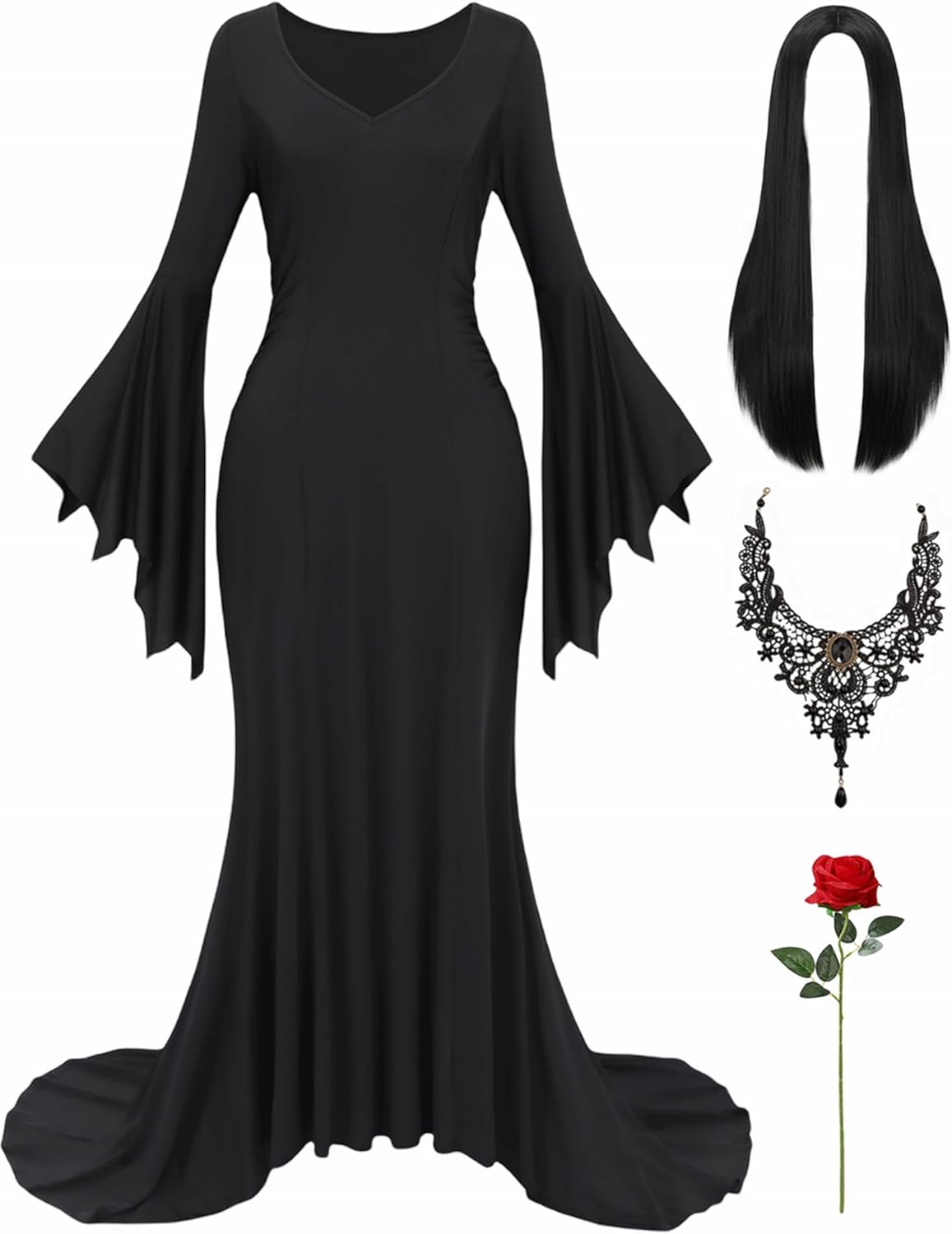 Halloween Costume Women Adult Long Black Dress with Gothic Necklace Wig Retro Black Gothic Dress for Costume Cosplay Large