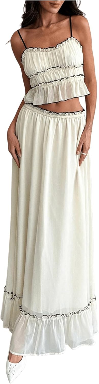 SOLY HUX Women Skirt Sets 2 Piece Outfits Contrast Trim Ruffle Hem Cami Tops Maxi Skirt Vacation Set