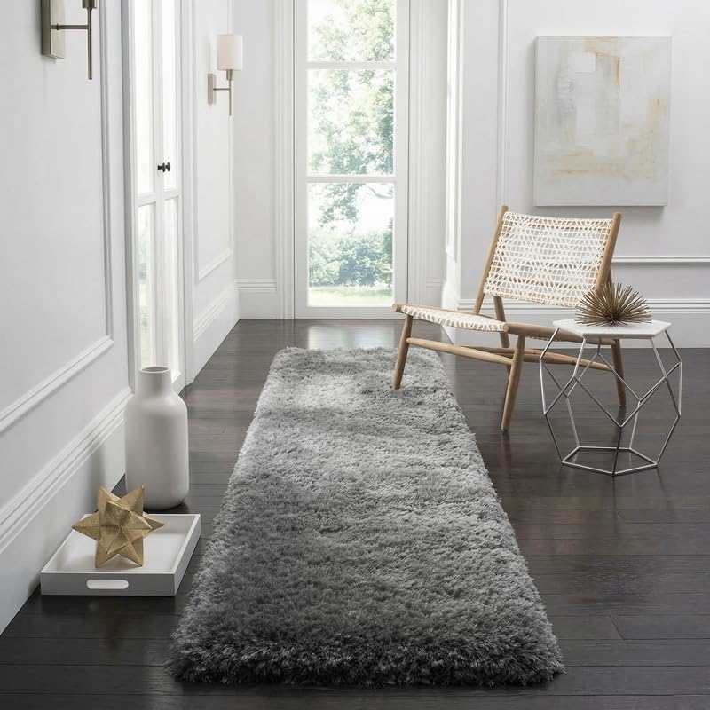 Image of Anti Skid Plain Shaggy Rug Fluffy Fur Bedside Runner, Carpet for Living Room, Floor Mat, Bedroom, Kitchen (Grey, 2 x 6, Microfiber)