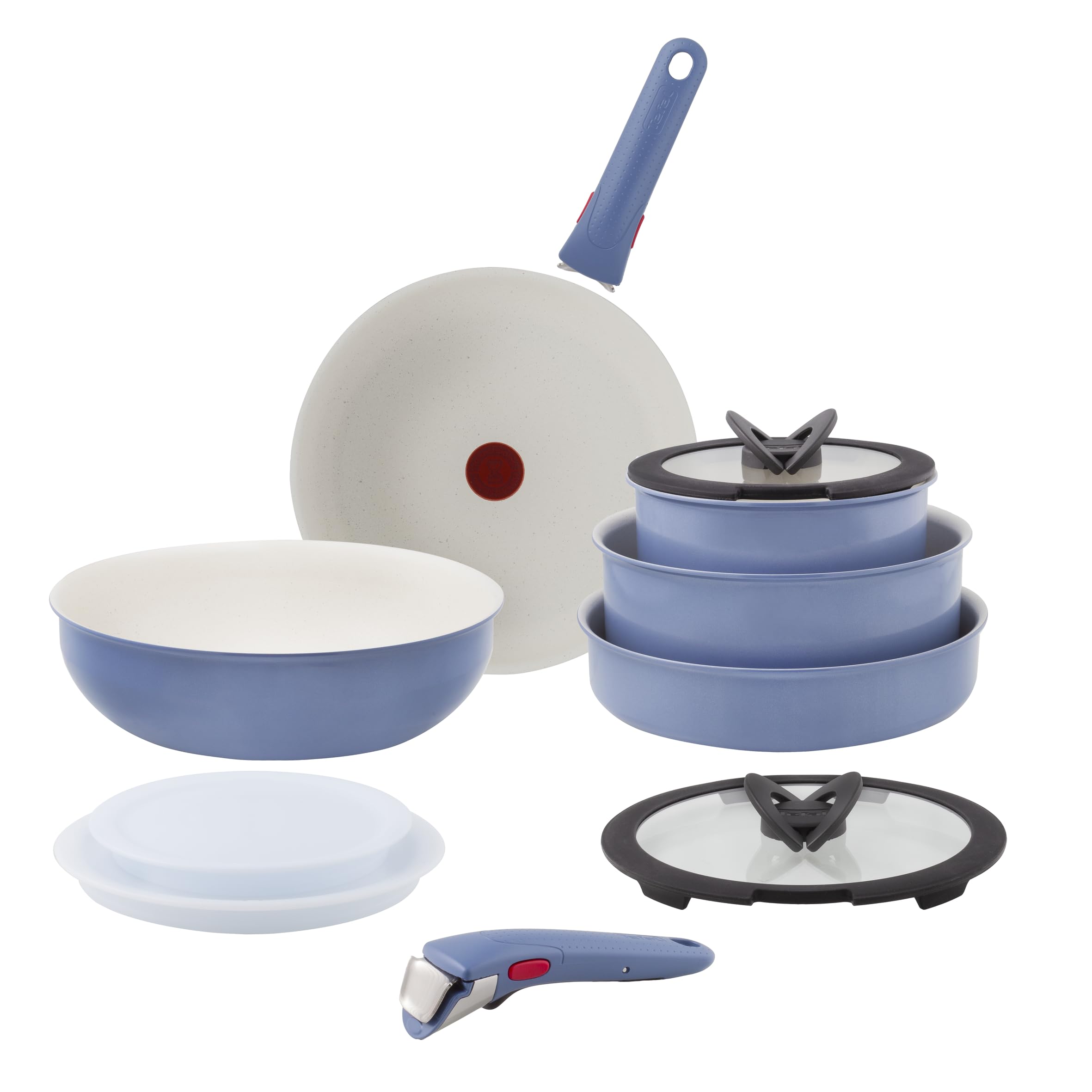 Tefal Ingenio Blue 11-Piece Non-Stick Cookware Set – Induction Frying Pans, Wok, Saucepans with Glass Lids, Detachable Handles, Oven Safe, Stackable, L829SB04