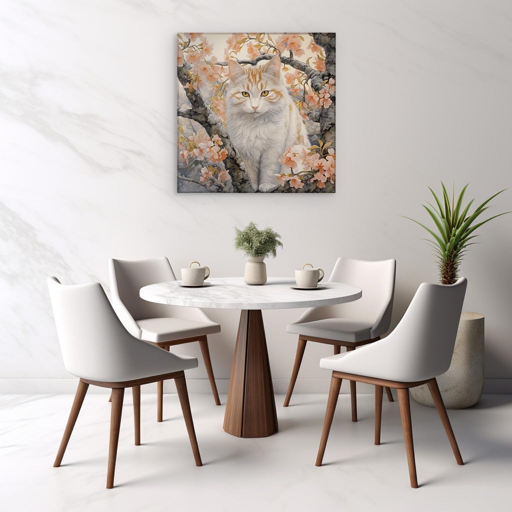 Canvas for Living room. Alert Feline Amidst Blossoms � The Tranquil Harmony of Nature's Watcher, 27 x 18 inch Canvas Wall Art - Contemporary Masterpieces - Modern Home Decor - 69x46 cm (27x18 inch)