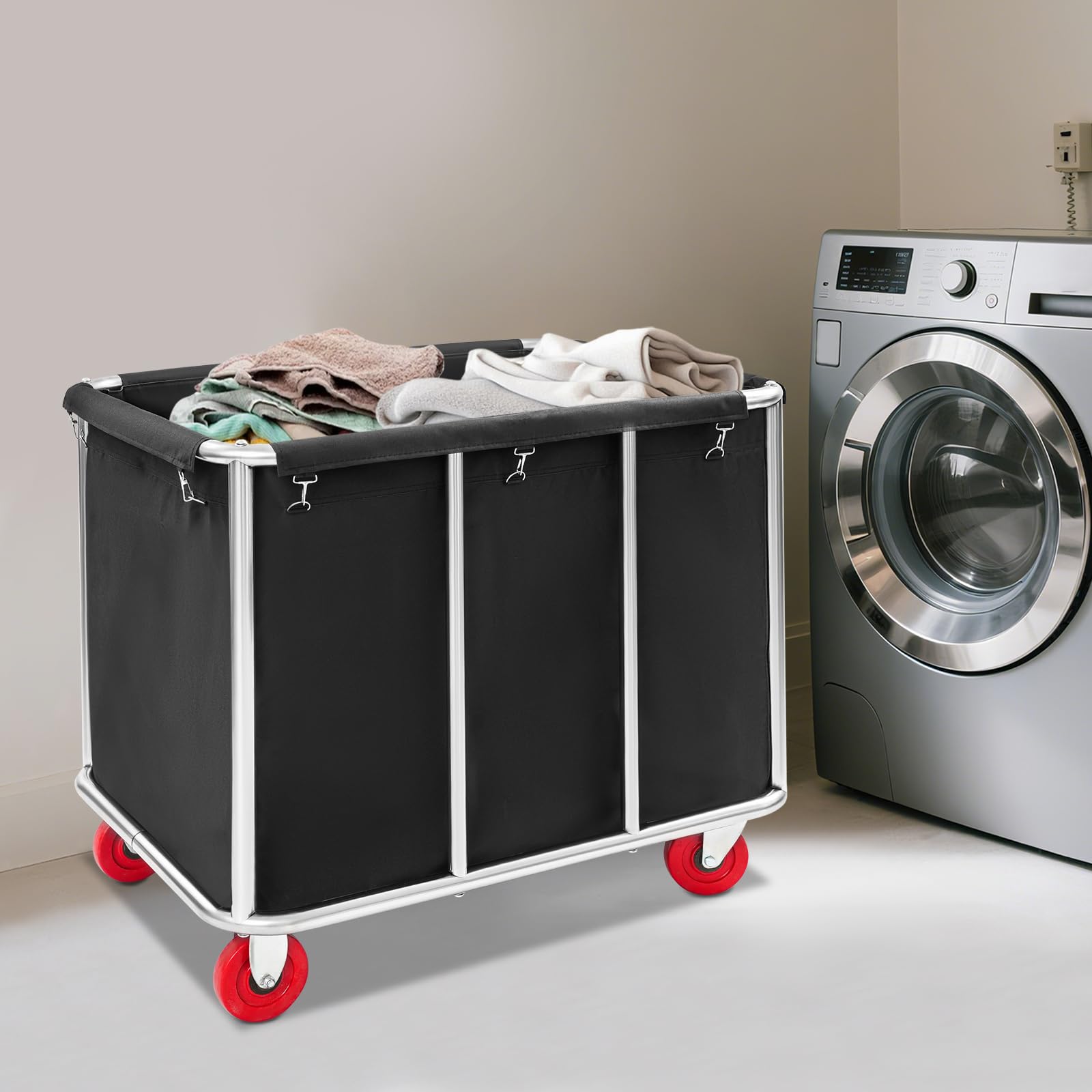 Carro para la colada, 90 x 65 x 80 cm, acero inoxidable, con ruedas, capacidad de carga de 200 kg, para hoteles, hospitales, lavandería (negro)