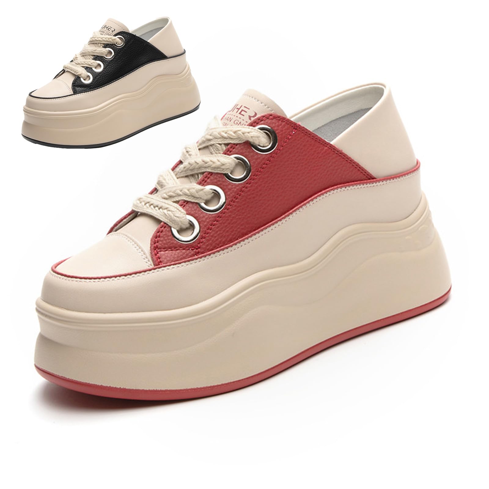 ETORYOOX Women's Lace Up Colorblock Fashion Platform Sneakers,Comfortable Round Toe Slip-On Soft Leather Low Top Height Increasing Shoes,Lightweight