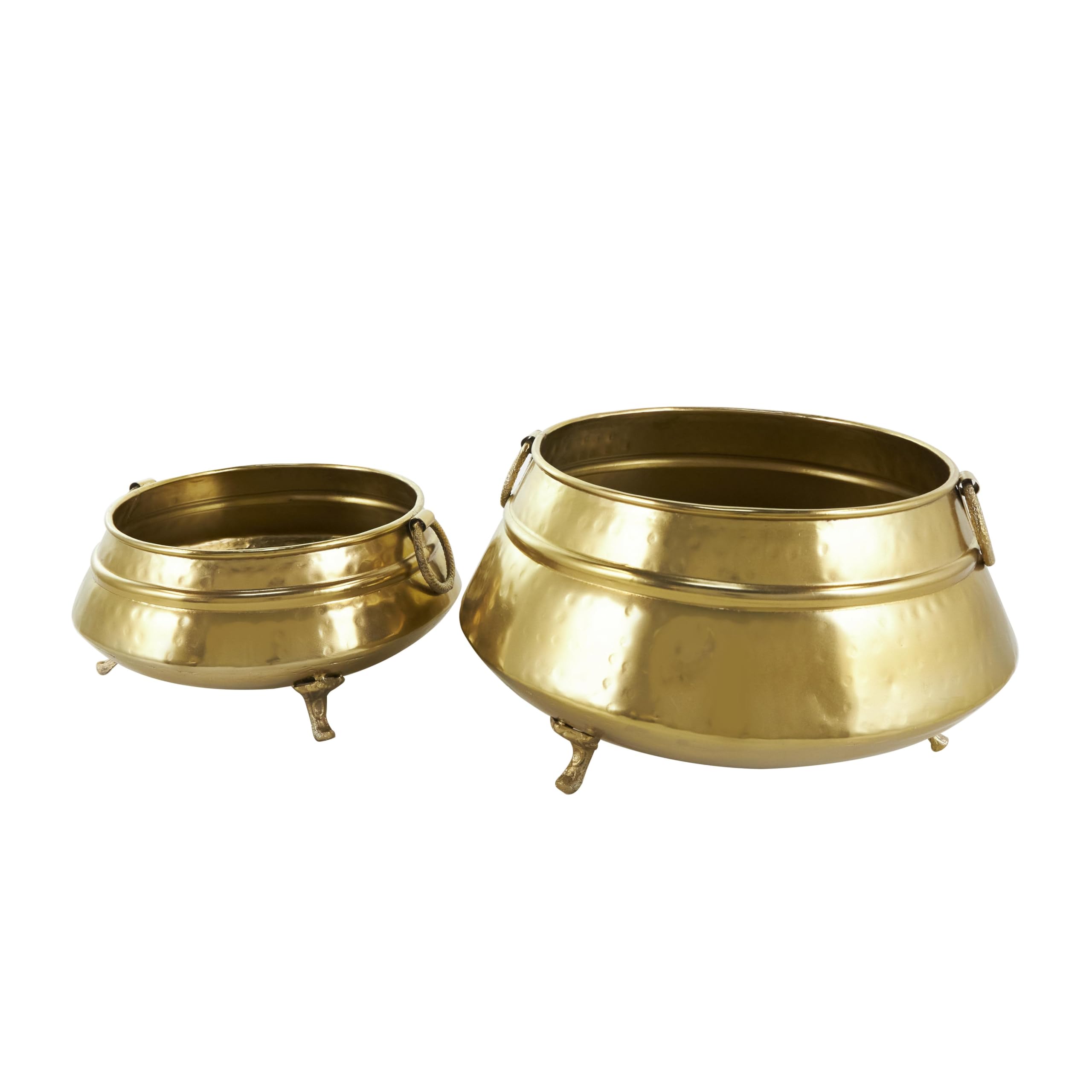Deco 79 Metal Indoor Outdoor Planter Hammered Pot Small Planter Pot with Scrolled Feet and Ring Handles, Set of 2 Planters 14", 10"W, Gold