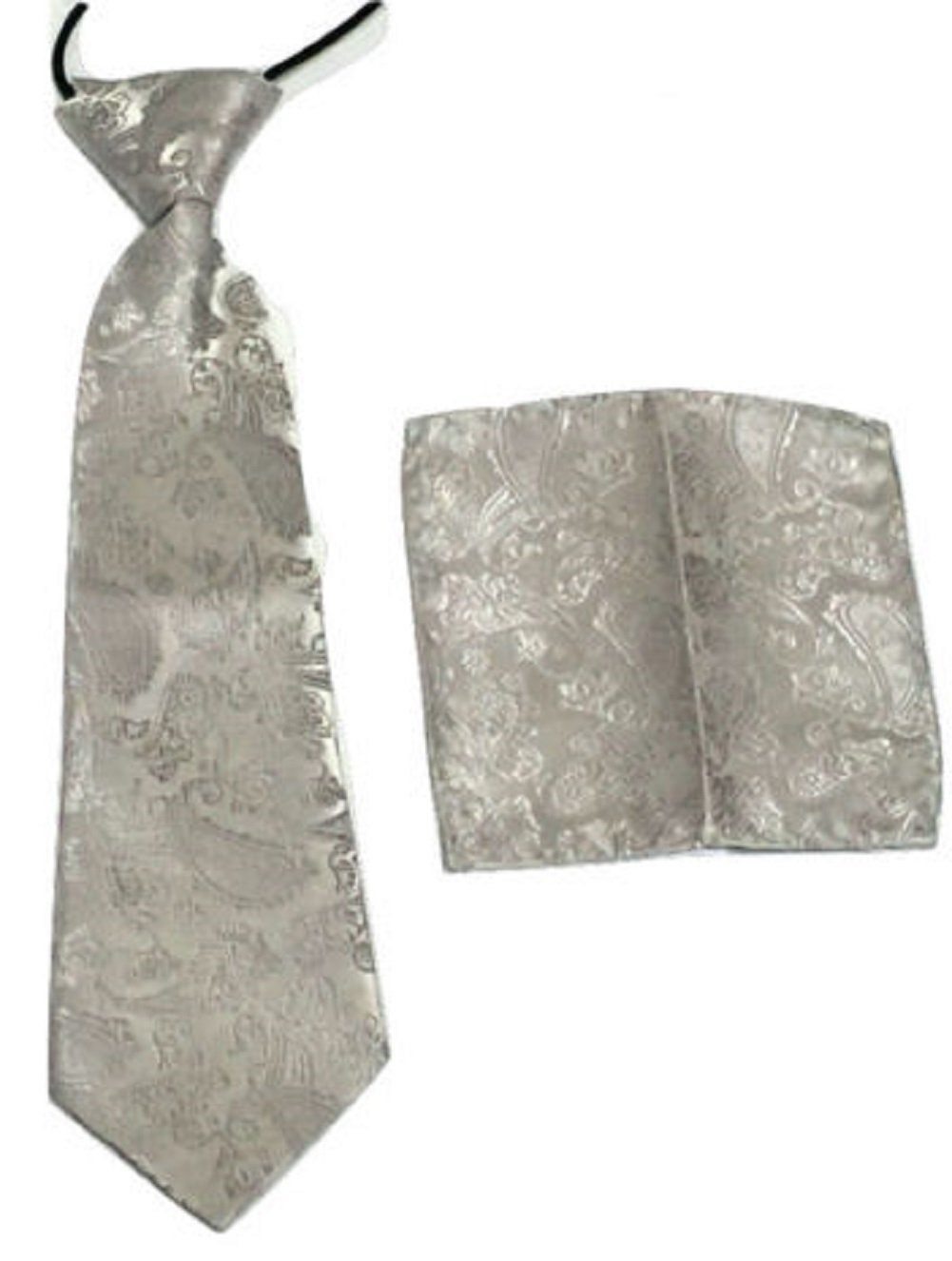 L&L® Kid Children Woven Paisley Jacquard Silk Tie and Handkerchief Gift Set Wedding (Silver)
