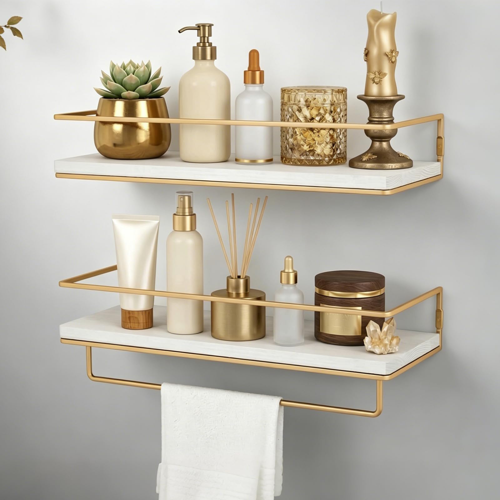 Floating Bathroom Shelves Set of 2, Wooden Shelves for Wall with Towel Rack