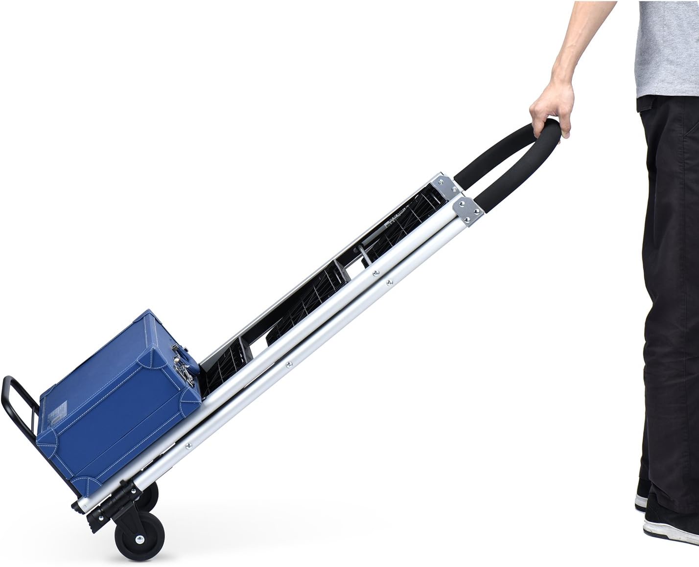 Delxo Folding 3 Step Ladder with rolling wheels - 2 in 1 Convertible, 3-Feet Portable Lightweight Aluminum Step Stool with Soft Handgrip & Anti-Slip Wide Pedals, Foldable Metal Hand Truck Dolly Cart