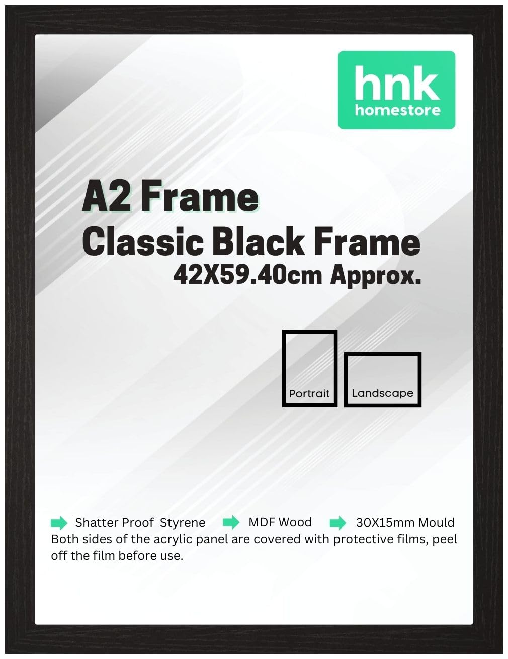 Hnk Homestore Black Hnk Classic Picture Poster Frame, A2 Frame, Wood Finish, Portrait/Landscape Display Rectangle 42X59.4cm