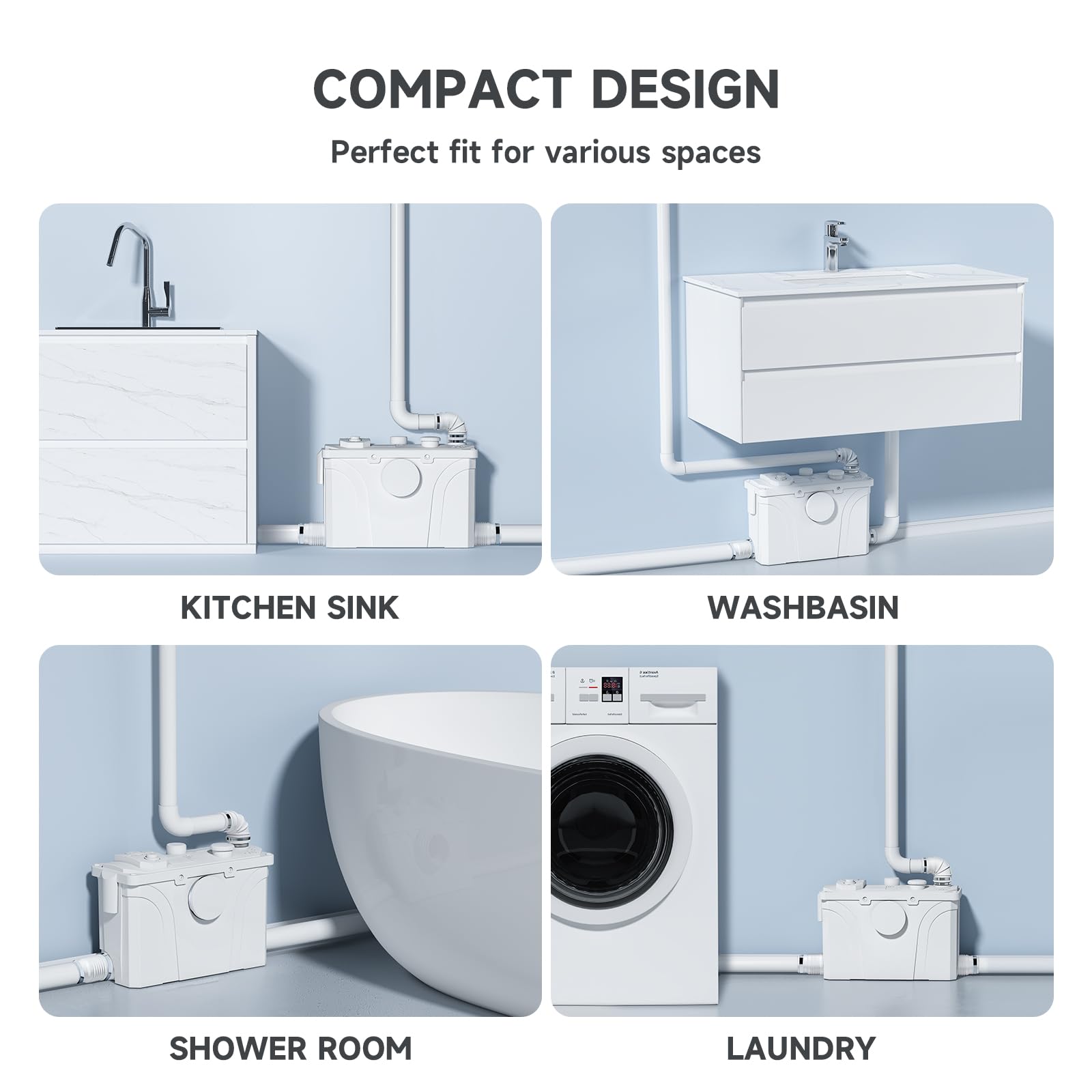 700W Hebeanlage Kompakte Abwasserpumpe, 190 L/min, 4 Zuläufe und 2 Ausgänge, Fäkalien Abwasserpumpe für WC, Dusche, Waschbecken