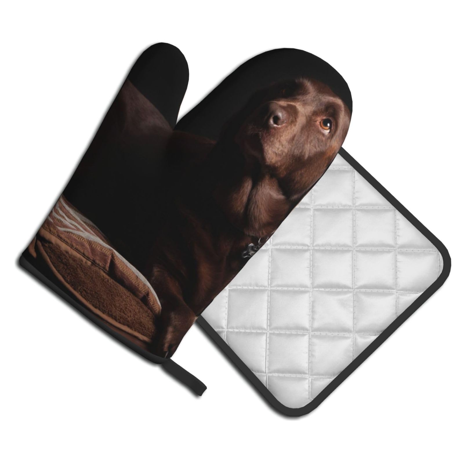 Oven Mitts and Pot Holders Set of 2 Pcs, Brown Labrador Retriever Printed Heat Resistant Kitchen Gloves Potholders for Cooking Baking Grilling