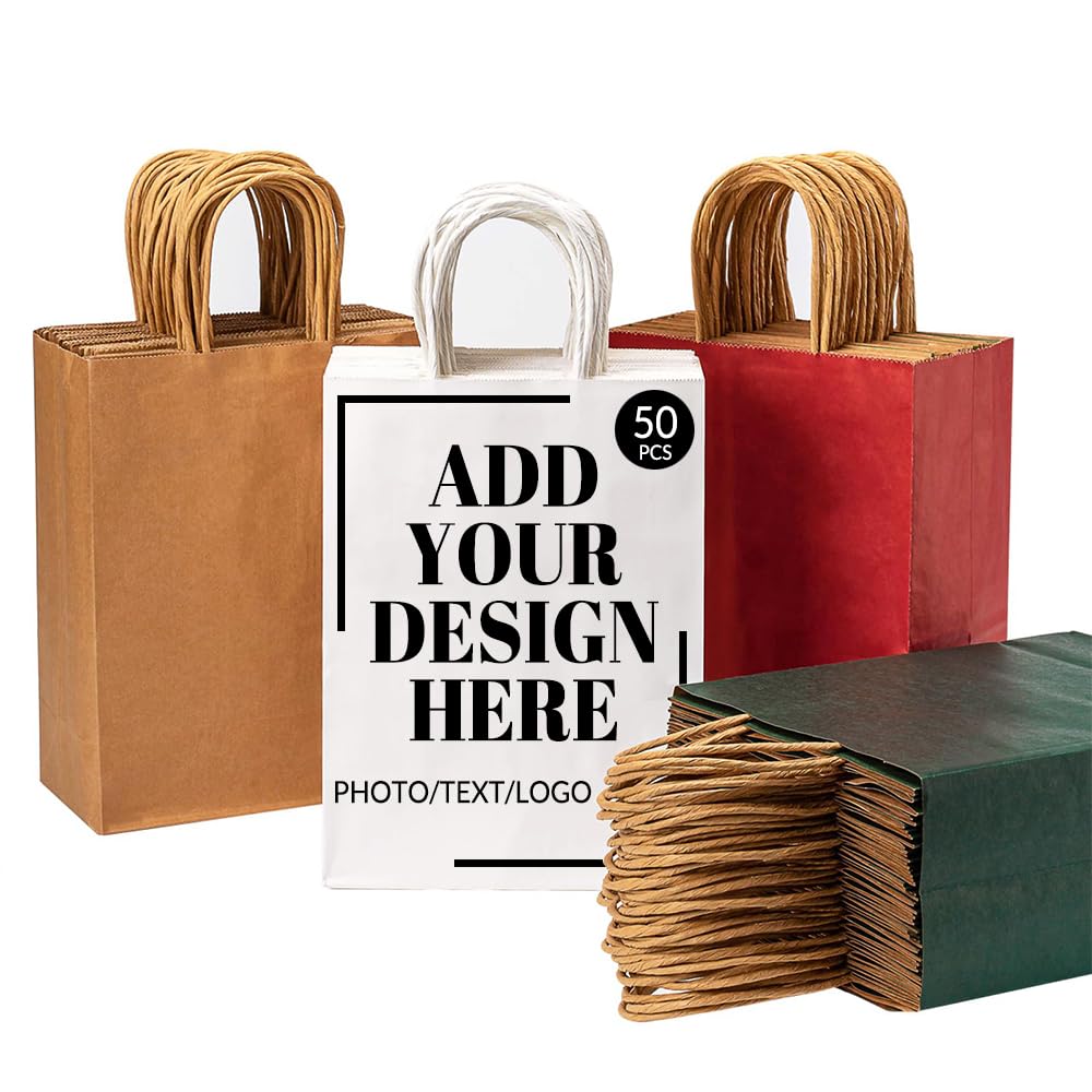 LLLGSH 50 PCS Custom Kraft Paper Bags with Logo for Small Business - Personalized Custom Paper Bags - DIY Retail Gift Bags with Logo - For Shopping, Merchandise, Party, Gift Bags - 8x4.5x10.8