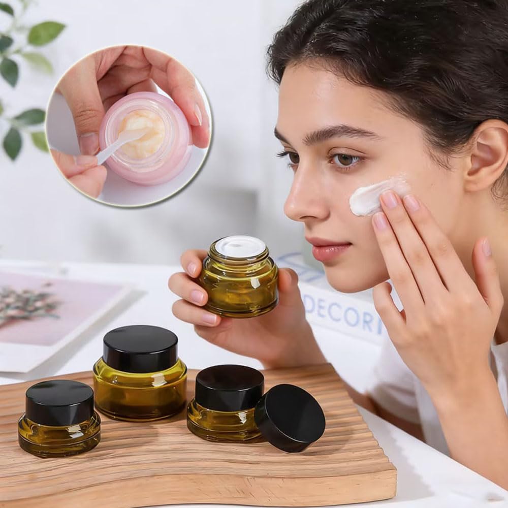 20 Pezzi Flaconi Vuoti in Vetro 15/30/50 g con Coperchio Nero Ricaricabili per Crema Viso Contorno Occhi Lozioni e Cura della Pelle Contenitori Cosmetici Portatili da Viaggio (20,15g,Trasparente)