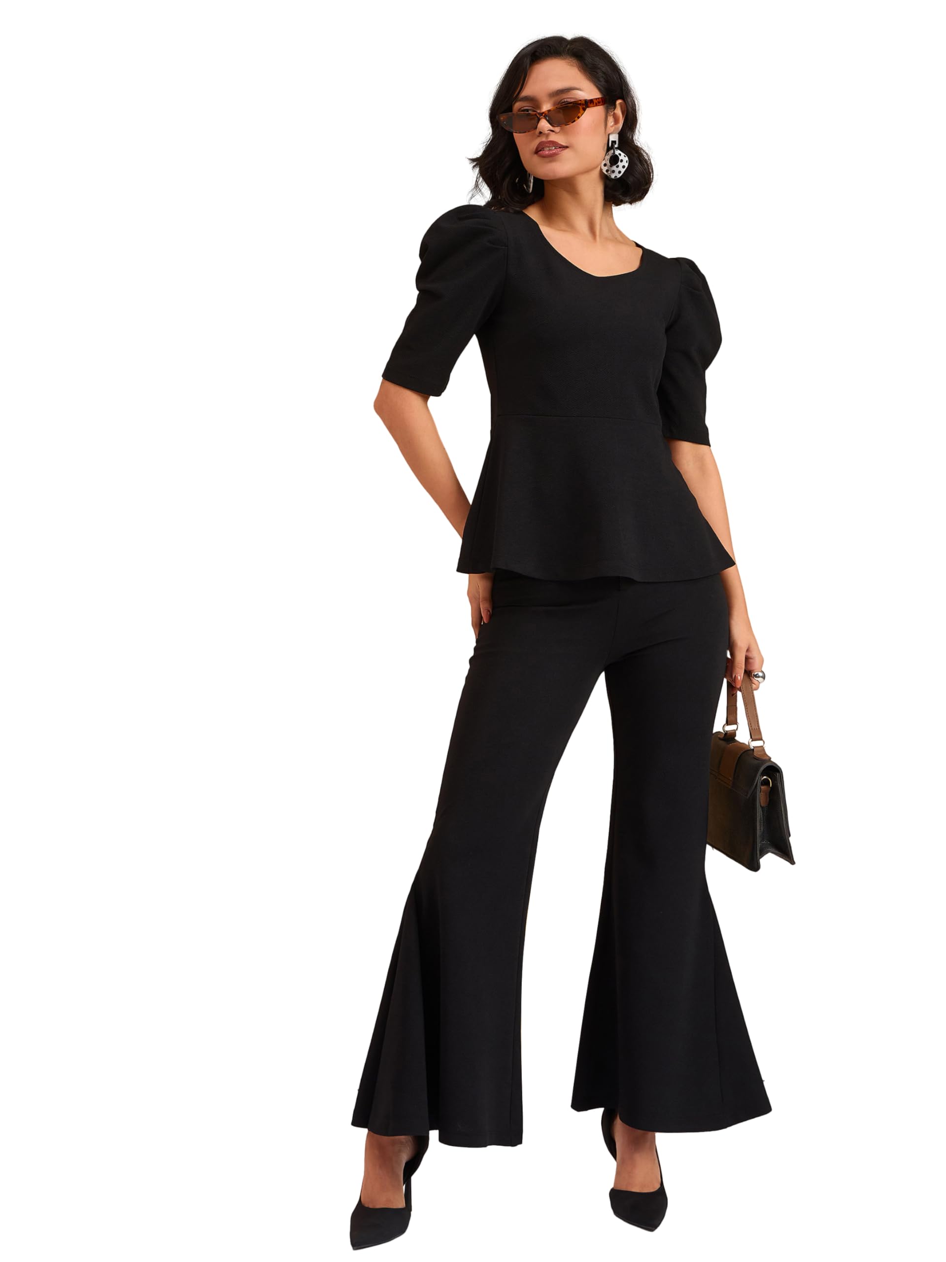 Black Peplum Top with Bellbottom Pants