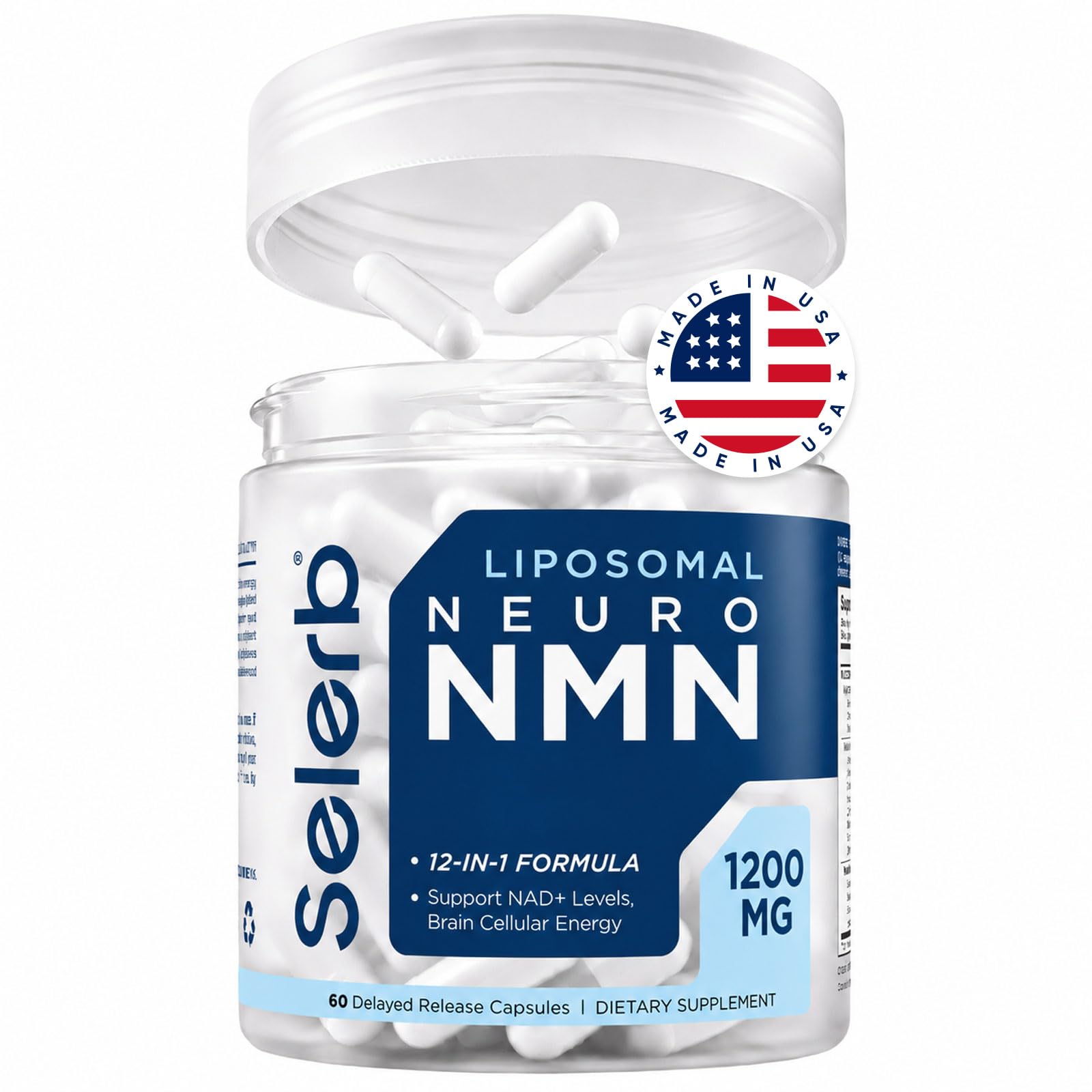 Selerb NMN Supplement Liposomal Neuro NMN with Resveratrol, TMG, Quercetin, CoQ10, Rhodiola, NAC, Astaxanthin & Magnesium NAD+ Precursor Supports Brain Cellular Energy (1 Bottle - Liposomal NMN)