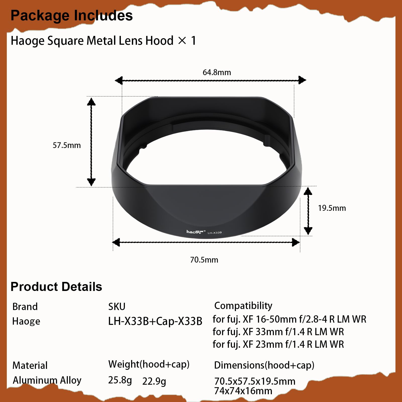 Haoge LH-X33B - Paraluce a baionetta in metallo per Fujifilm XF 16-50mm F2.8-4.8 R LM WR Fuji XF 33mm F1.4 R LM WR, XF23mm F1.4 R LM WR, Fujinon XF33mm/F1.4