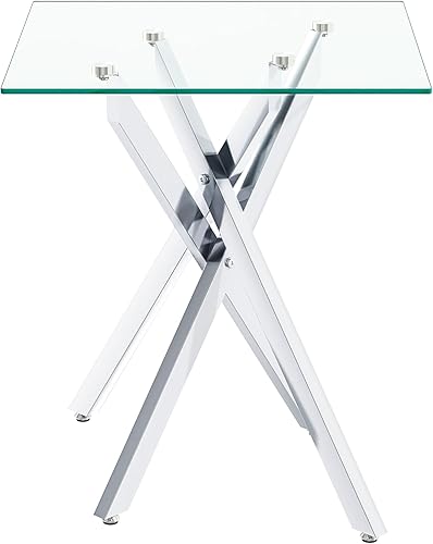 Miniatura 9 de Goujxcy Mesa auxiliar pequeña de vidrio con patas de metal plateado, moderna mesa auxiliar cuadrada de vidrio templado transparente con diseño