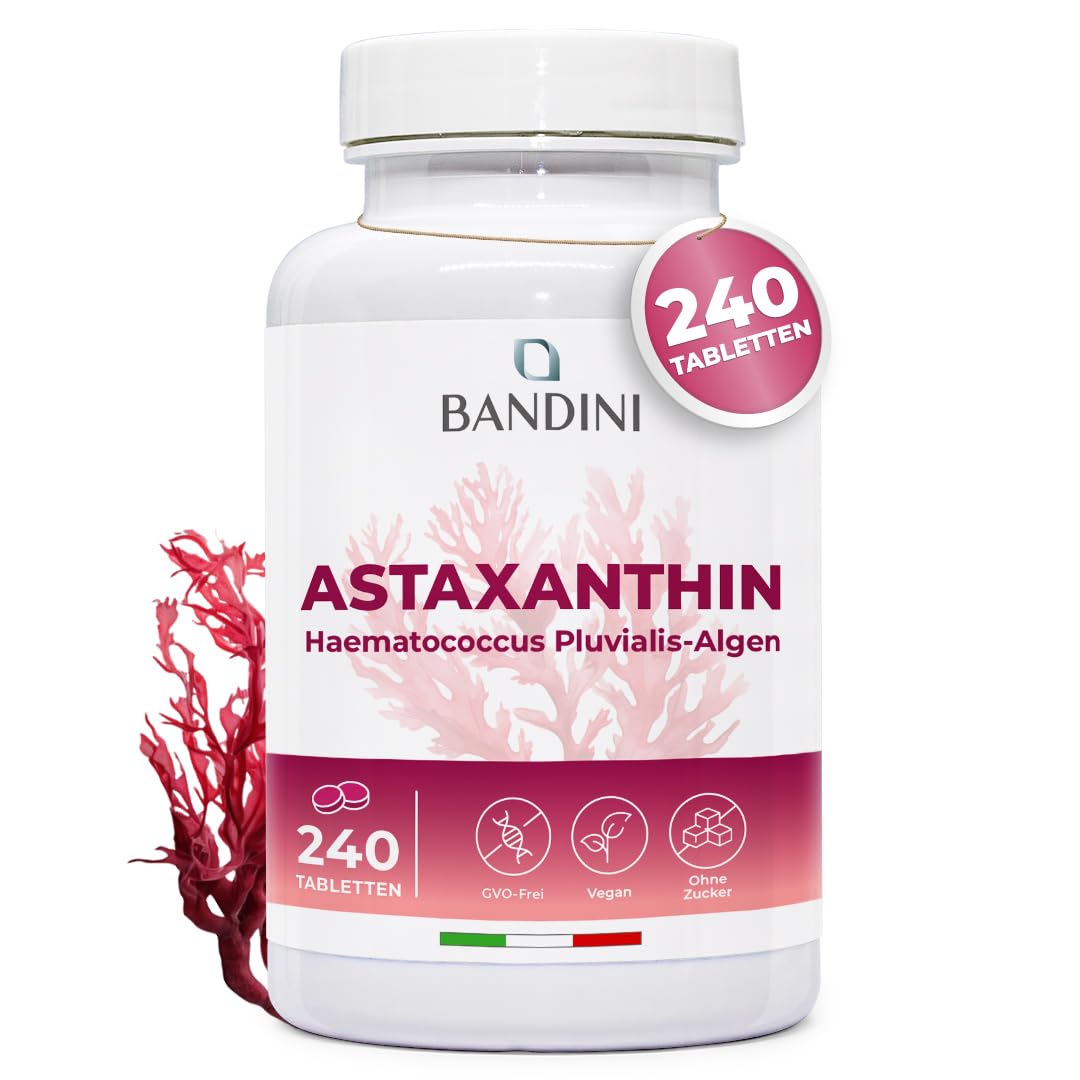 Bandini® Astaxanthin 240 Tabletten für 8 Monate (1 Tablette pro Tag) | Hochdosiert 8 mg pro Tablette | Natürliches Astaxanthin aus Haematococcus Pluvialis Algen | Magnesiumstearatfrei, GMO-frei
