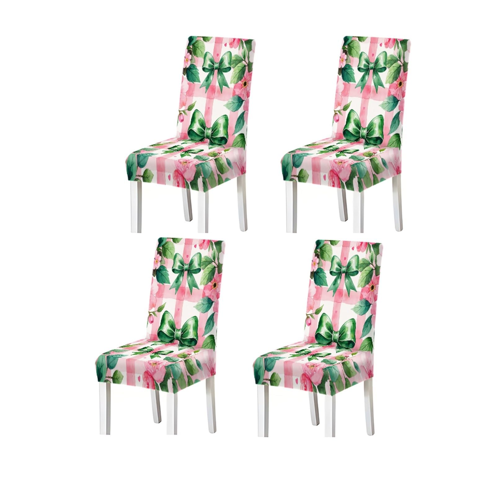 FZJKGH Dining Chair Covers 2/4/6 Pieces Stretch Slipcovers Bow Floral Pattern Pink Checkered Cute Style Kitchen Dining Room Removable Stretch Slipcovers for Dining Chairs(4PCSChair cover)