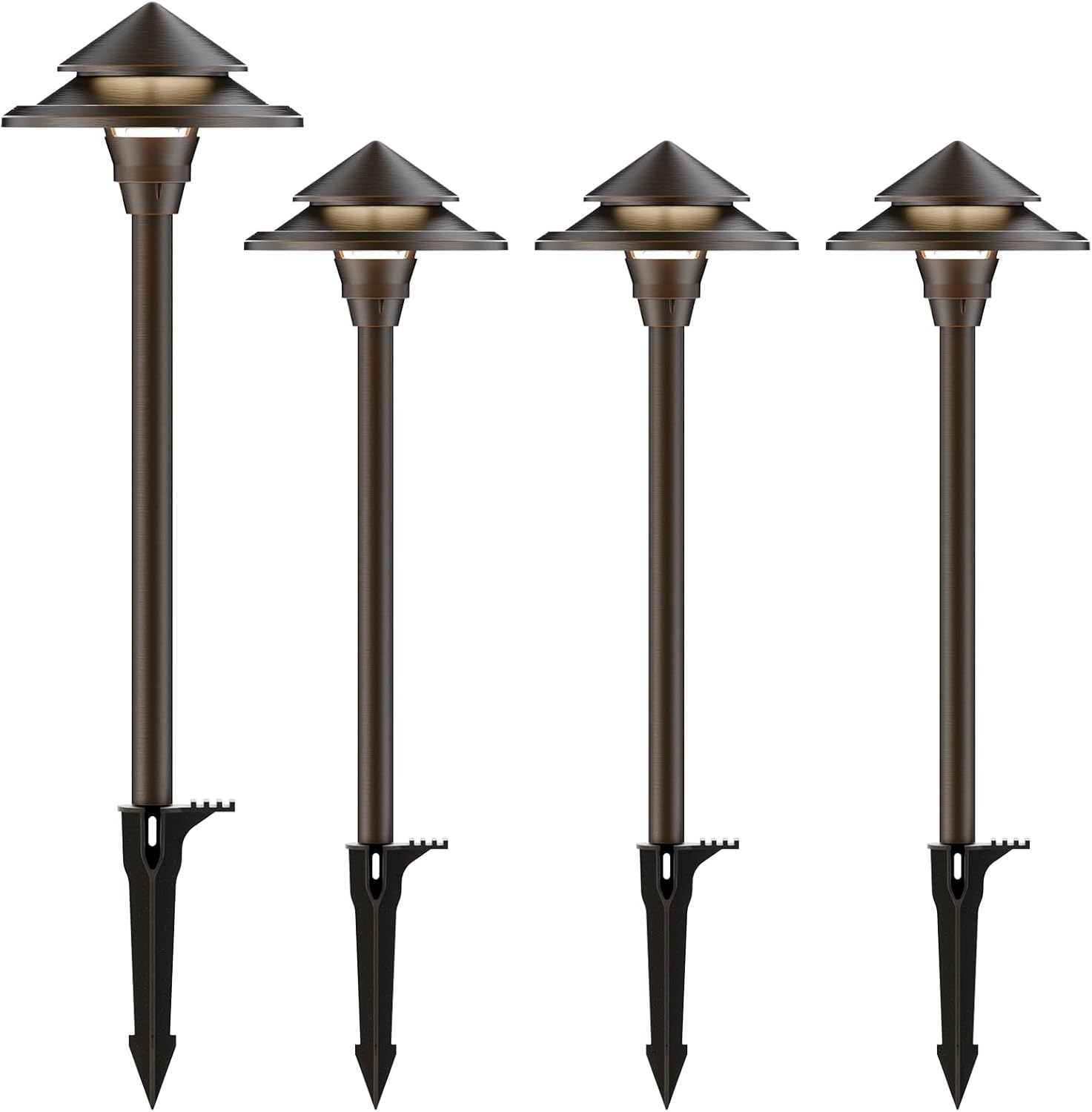 GOODSMANN Low Voltage Landscape Lighting 4PK LED Path Lights Oil Rubbed Bronze 4W 32 Lumen Hardwired 2 Tier Pagoda Landscape Pathway Lights 3000K Warm White Metal Stakes Cable Connectors