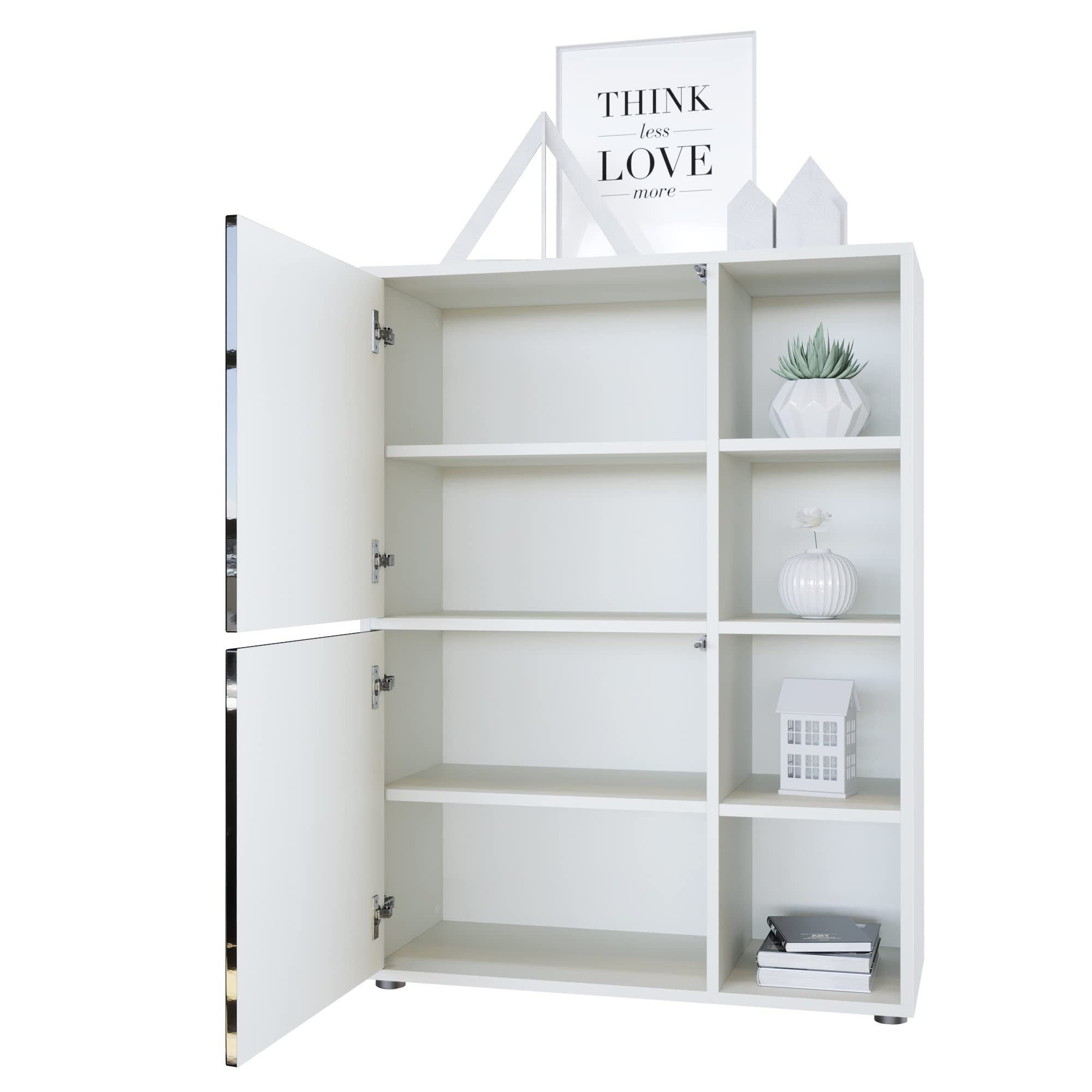 Vladon Highboard Schrank Anrichte Cuba mit 8 Fächern, Made in Germany, Korpus in Weiß matt/Fronten in Sandgrau Hochglanz