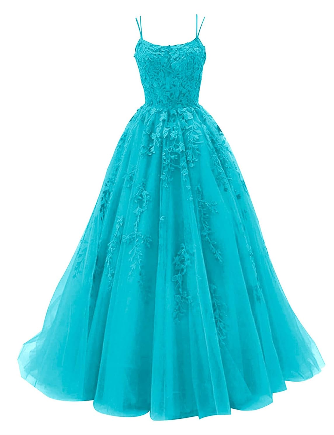 Yiann Women's Aqua Spaghetti Strap Prom Dresses For Lace Applique Tulle Formal Evening Dress Long Ball Gown Uk14