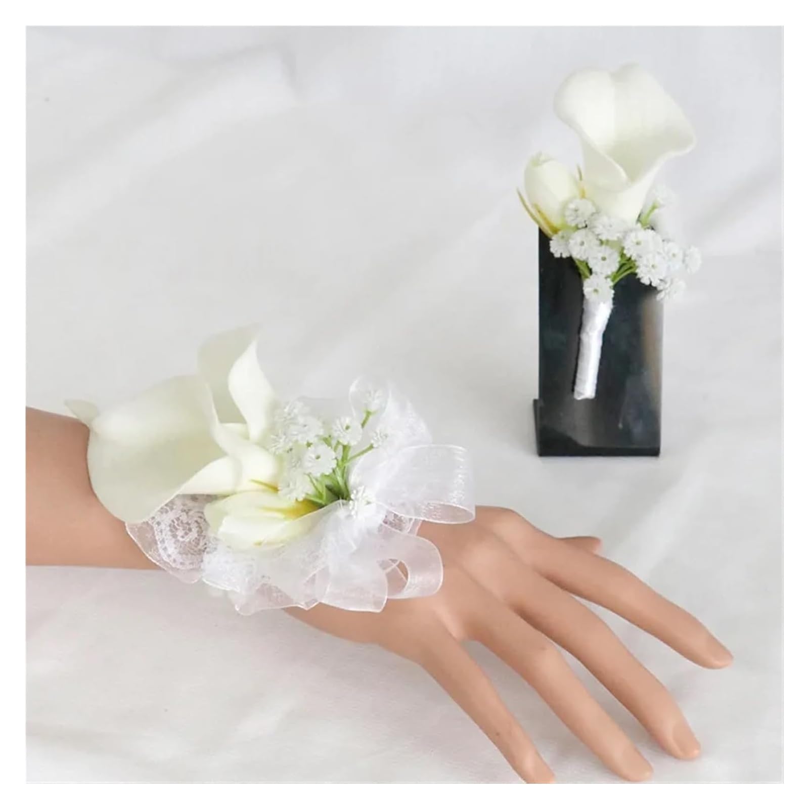 Bransoletka z bukietem róż, Ślubny stanik na nadgarstku sztuczny kwiat kalii z opaską nadgarstek szpilką białą(6 Pcs Wrist Flower)