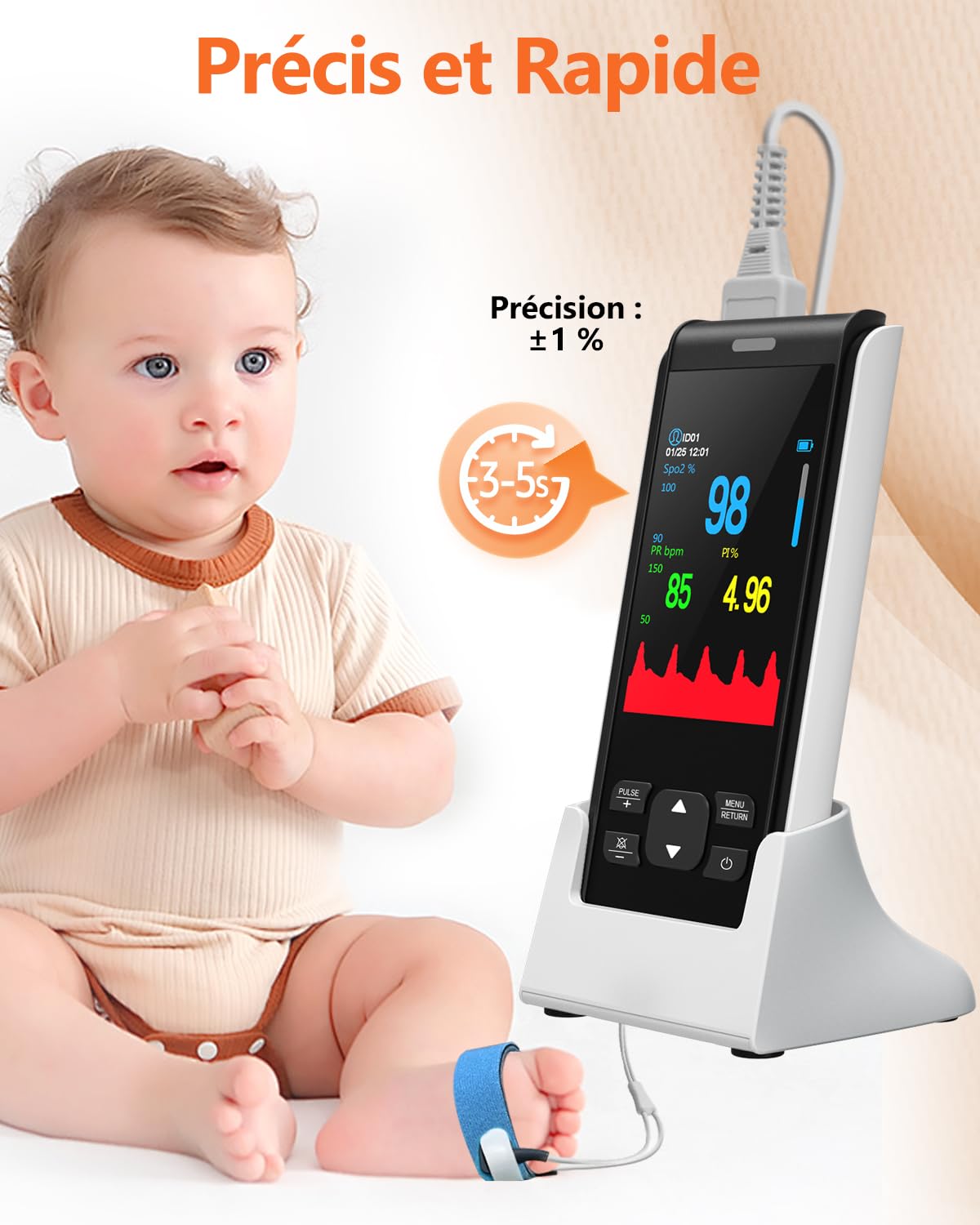 HealthTree Oxymètre de Pouls pour Bébé, Saturometre Pied avec Bluetooth App | Surveillance Intelligente de la Saturation en Oxygène du Sang et Fréquence Cardique, avec Alarme, Rechargeable Suivi Sommeil