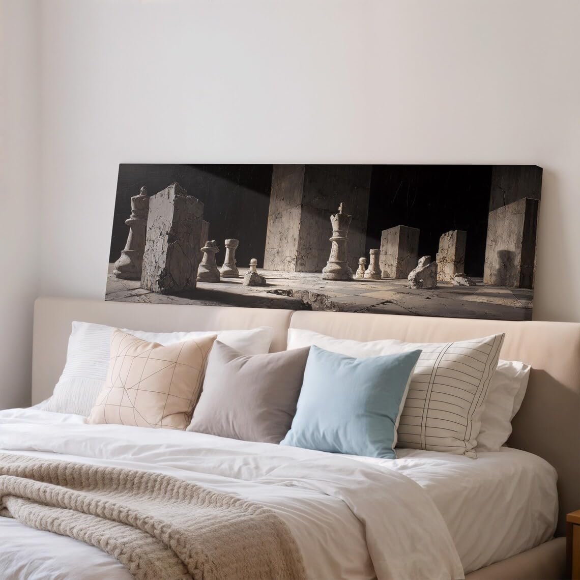 XBTYKPB Surreal Chess Framed Canvas, Concrete Art, Wide Panoramic Painting, Large Wall Decor, Academia Print, Long Narrow Canvas(30x90cm/Inner Frame)