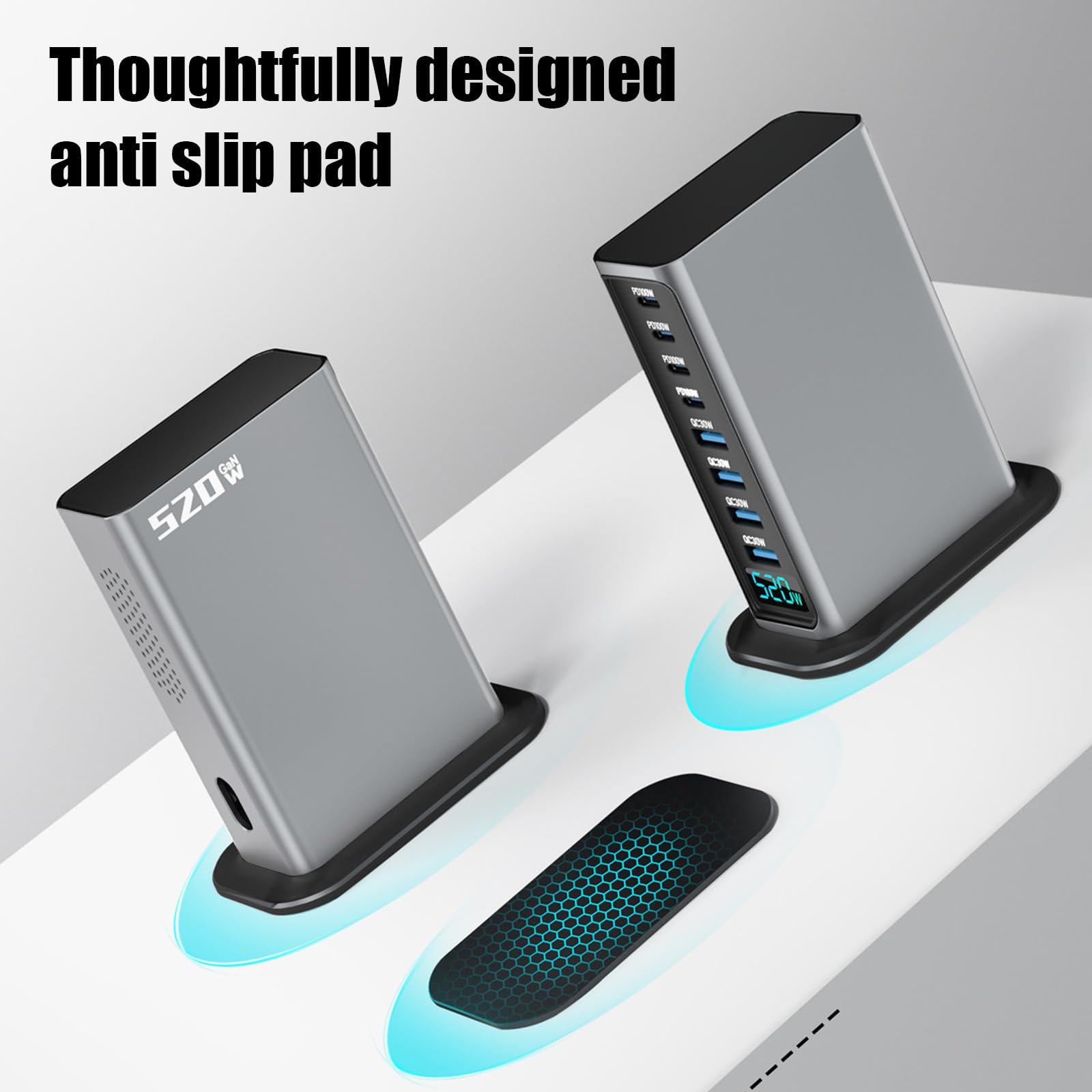 Szybka ładowarka USB, 520 W, USB C, z wyświetlaczem cyfrowym, 8 portów USB, stacja ładująca z GAN III i PD 3.0, stacja szybkiego ładowania z 4 USB C i 4 USB A do telefonu, tabletów, laptopów (520 W)