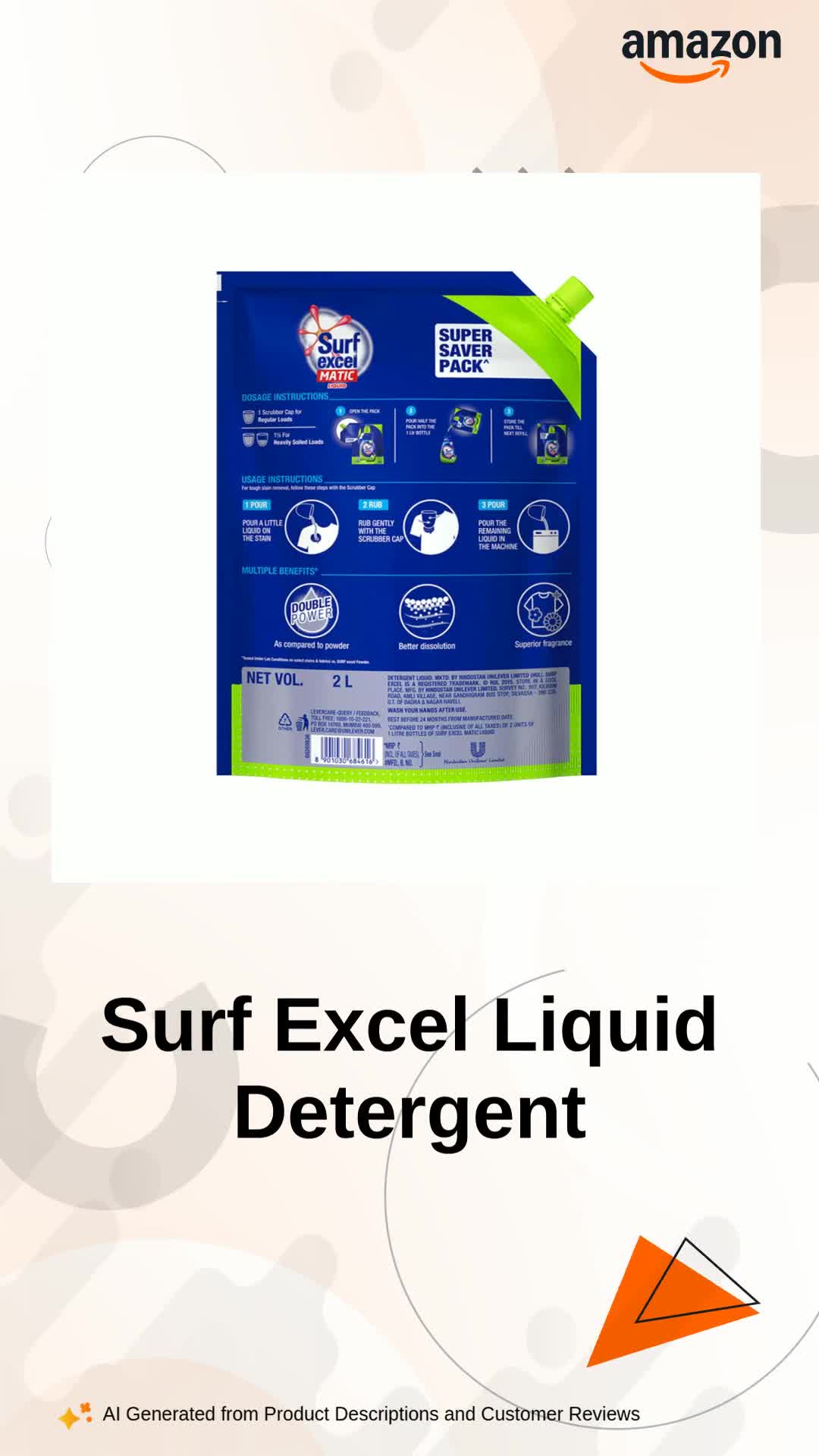 Surf Excel Matic Top Load Liquid Detergent 6L Refill, Designed For