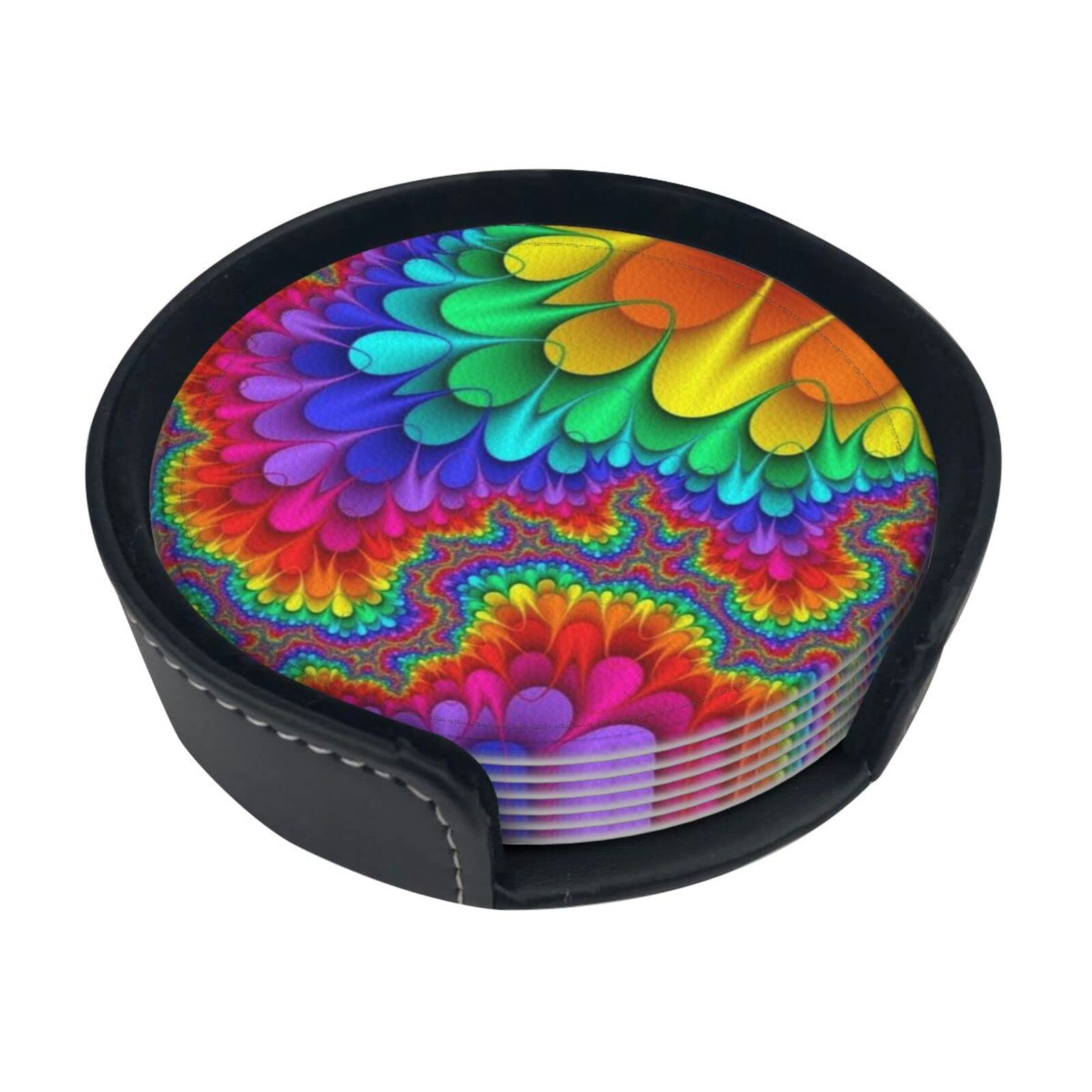 Dbart Bright Color Coasters For Drinks, 6 Pcs Leather Coaster With Holder, Round Cup Mat Pad Set For Home Office Table Decoration