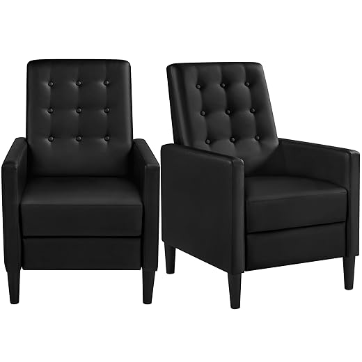 Yaheetech Faux Leather Recliner Sofa Mid-Century Modern Single Reclining Chair Adjustable Back & Footrest Tufted Upholstered Sofa with Pocket Spring Living Room Bedroom Home Theater 2 Pieces Black