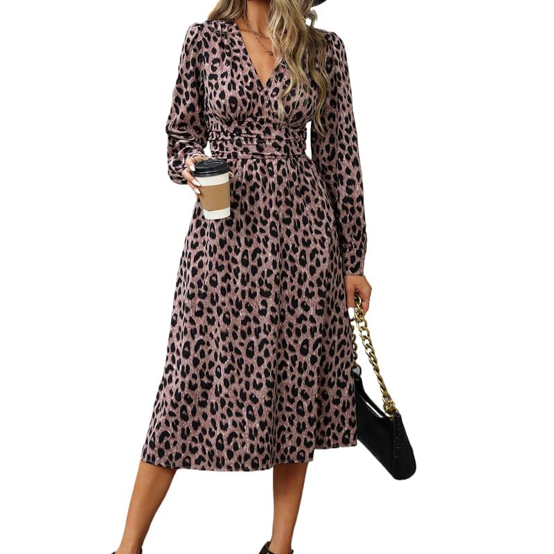 Womens Leopard Print Long Sleeve Office Wear High-Waisted V-Neck Long Dress