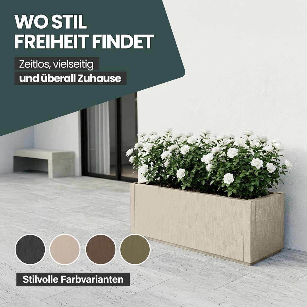 Kreher® XL Pflanzkasten Blumenkasten im Struktur-Design aus Kunststoff Maße BxTxH in cm: 80 x 36 x 36 cm. (Beige)