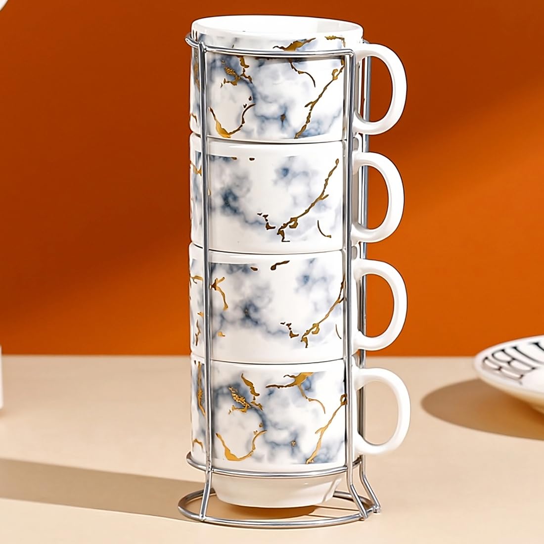 BonZeal Anniversary Gift for Mom Wife Ceramic Pastel Color Stackable Coffee Mug Yellow Tea Cup Set of 4 with Metal Stand Holder for Kitchen 270 ml (B0CXJHGHWS) Amazon Price History, Amazon Price Tracker