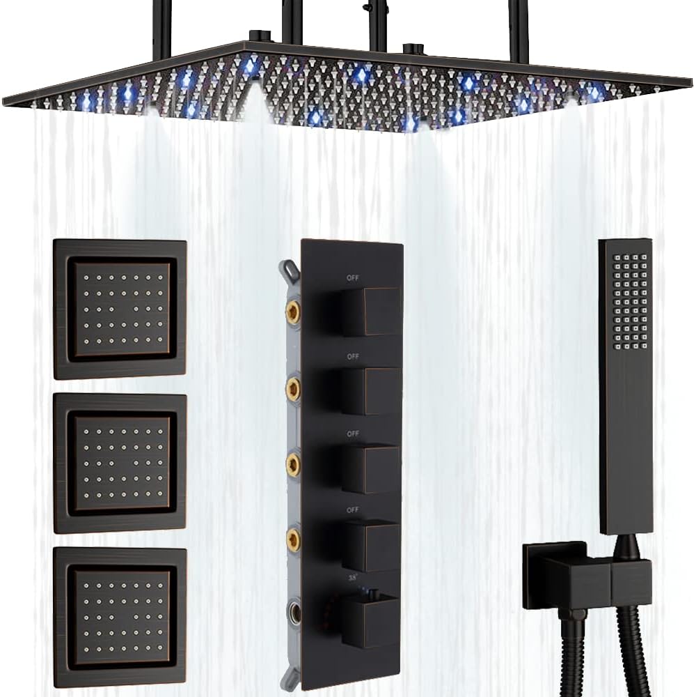 AYIVG Oil Rubbed Bronze Shower System with 3PCS Body Jets Bathroom16 Inch LED Ceiling Atomizing