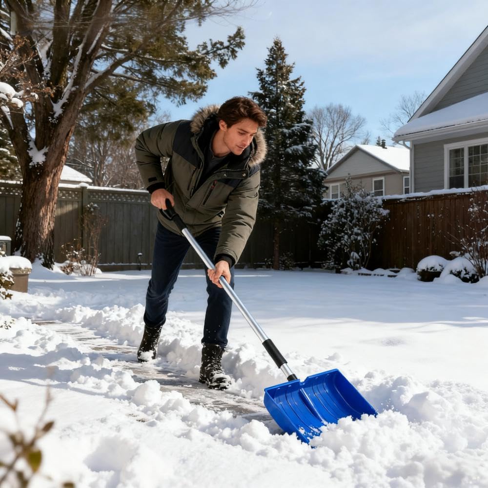 Magshion Pala da neve ergonomica da 40,6 cm con manico in alluminio leggero, rimozione della neve per vialetto e patio, blu