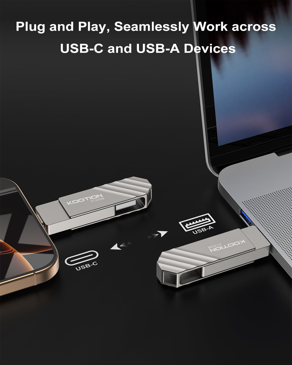 KOOTION Cle USB 512 GO Clé USB C 3.2 Clef USB 512Go OTG Jusqu'à 500MB/s 2-en-1 Double Connecteurs Externe SSD Métal pour Type-C-iPhone/Android-Smartphone/Tablette/Mac/PC, Argent